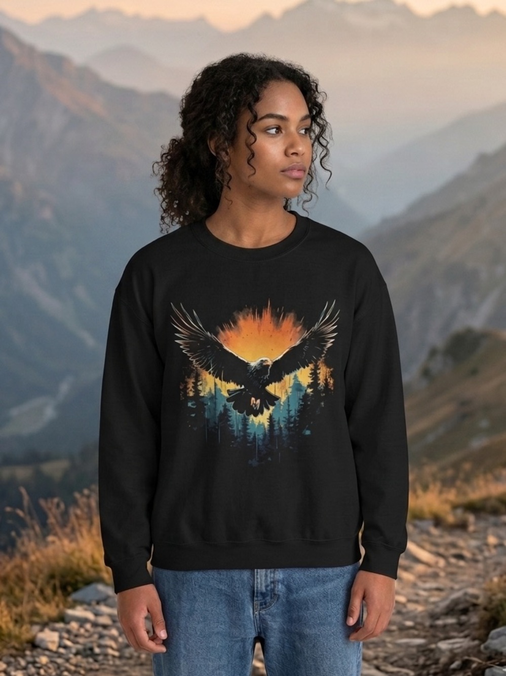 P&C Retro 90s Crewneck Sweatshirt Graphic Soaring Bald Eagle Wilderness Print XL